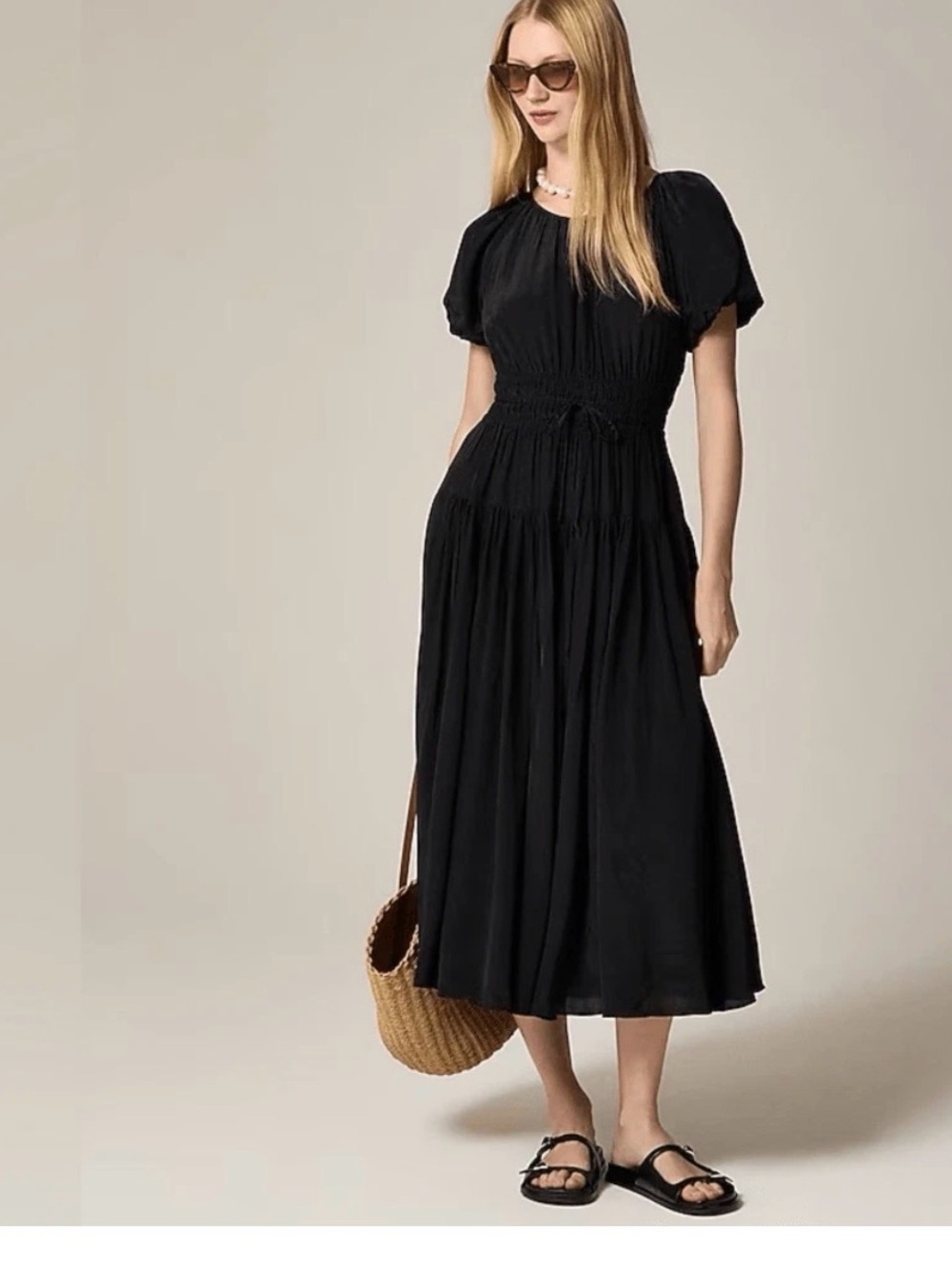J. Crew Elena Puff-Sleeve Dress Black Crepe de Chine Maxi Sz. M $188 CA679 NEW